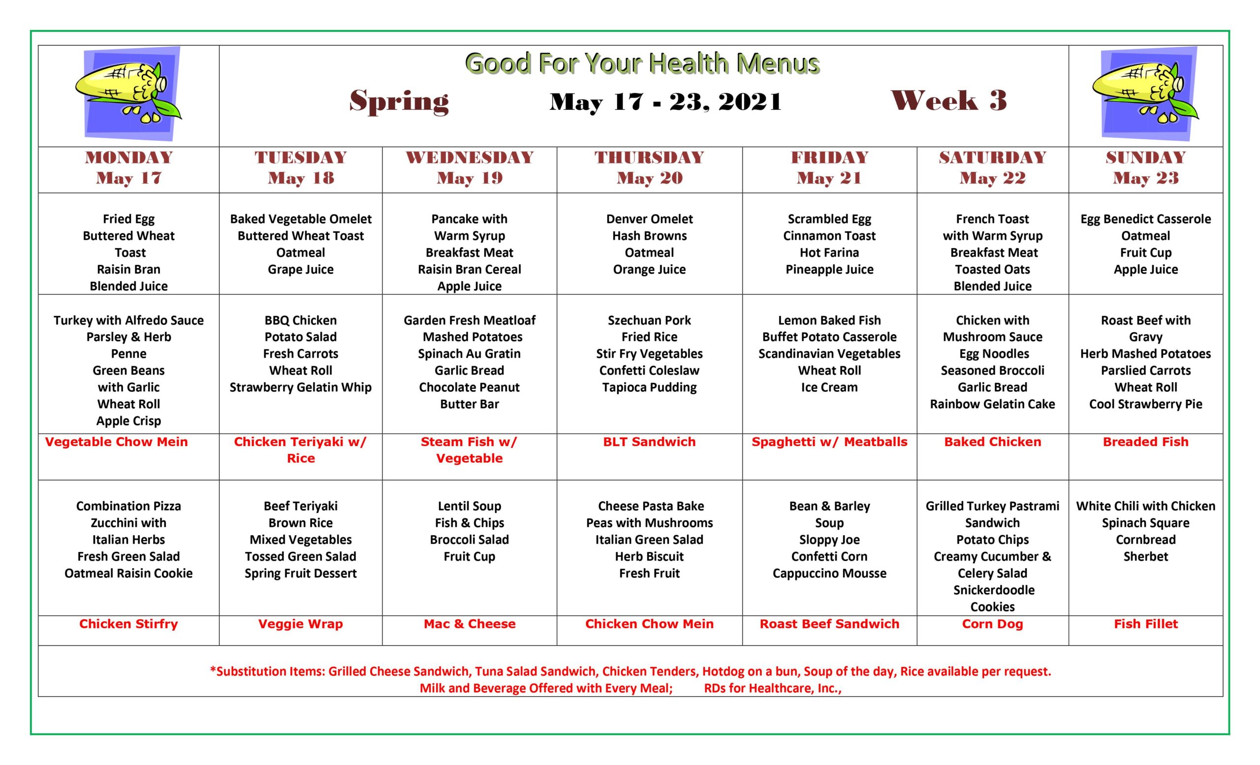 Weekly Menu The Avenues Transitional Care Center