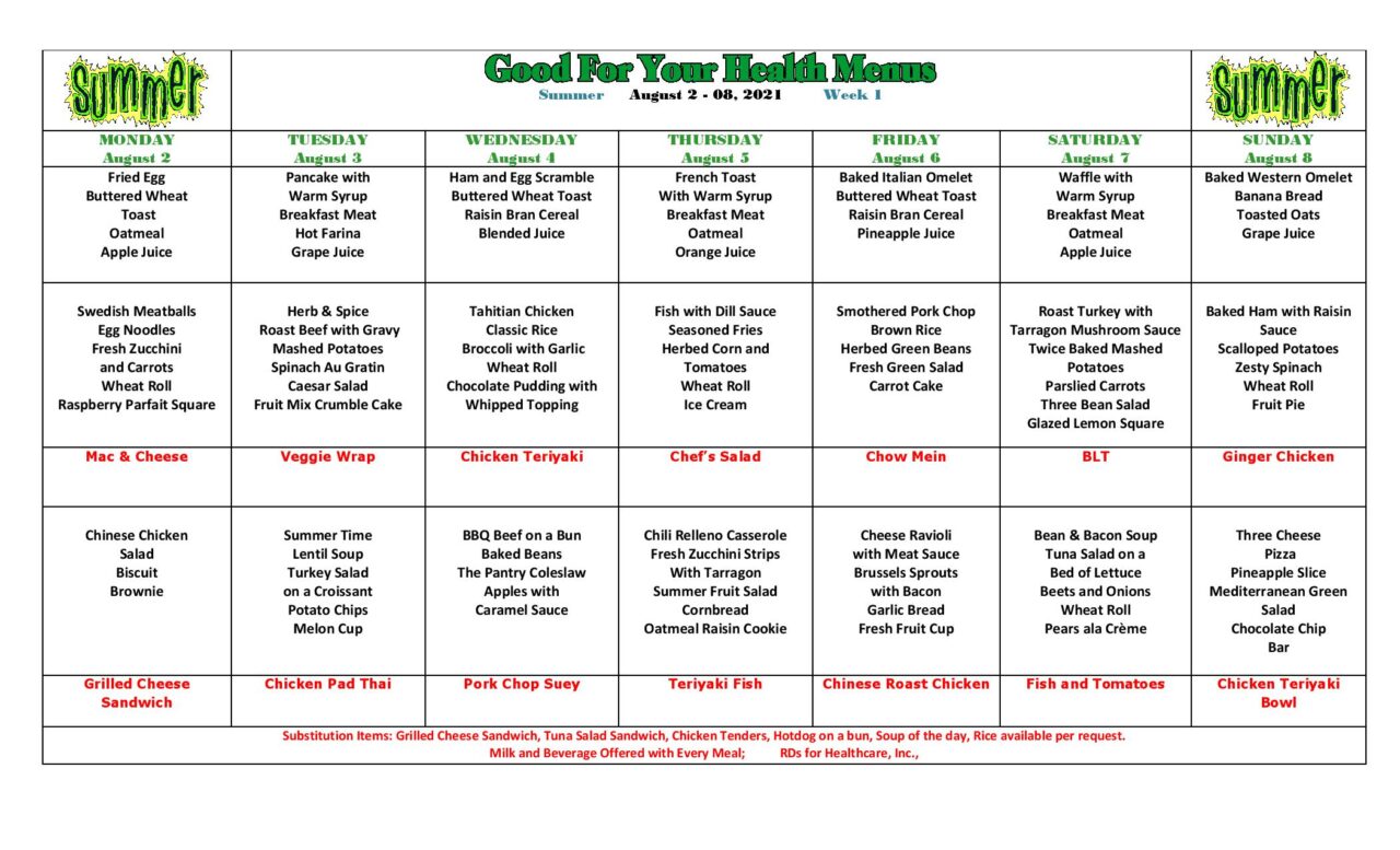 Weekly Menu | The Avenues Transitional Care Center